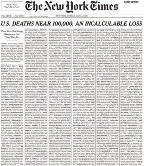 纽约时报提前公布次日头版：美国接近10万人死亡