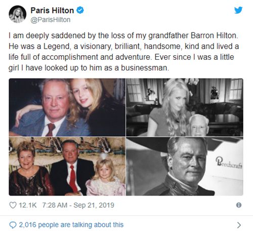 希尔顿前CEO去世 帕丽斯希尔顿发文向祖父致敬