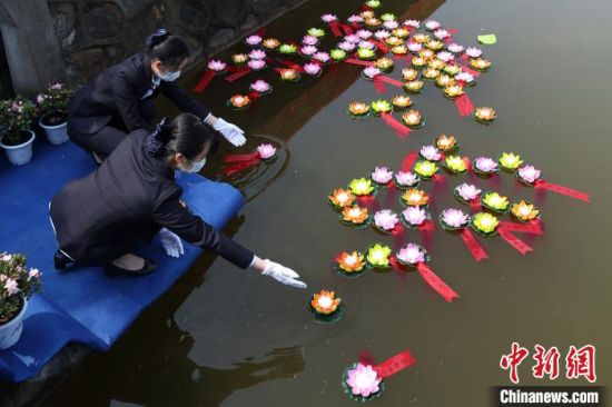 25日上午，在南京市仙灵陵园，“疫情无情仙灵有爱”2020年清明仙灵陵园集体代祭扫仪式举行。莲花池中，工作人员放入盏盏莲花灯，为故人祈福。　泱波　摄